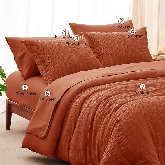 CozyLux Queen Comforter Set Burnt Orange Seersucker 7 Pieces Bed in a Bag Queen Comforter Set with Sheets, Terracotta Luxury Bedding Sets with Down Alternative Comforter, Sheets, Pillowcases & Shams