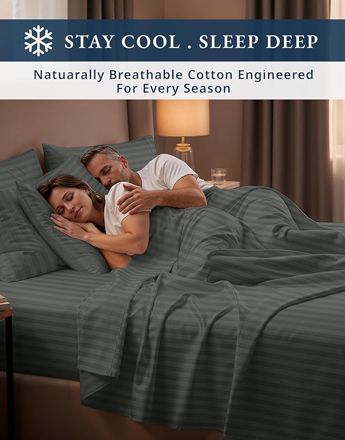 LANE LINEN 100% Egyptian Cotton Bed Sheets Queen Size, Long Staple Soft & Comfy Sateen Weave No Pill Fade Resistant Machine wash 15" Deep Pocket Queen Sheets - Damask Stripe Dark Grey