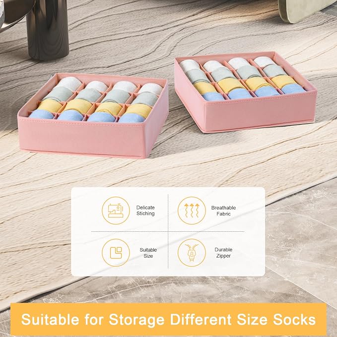 Joyoldelf Sock Drawer Organizer Divider, 16-Cell Underwear Organizers and Storage Fabric Drawer Organizer for Socks, Lingerie, Ties, 2 Packs Pink - Image 6