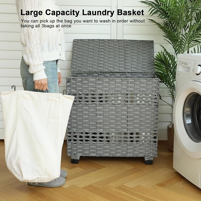 OIAHOMY Laundry Hamper with Lid, 140L Clothes Hamper with 3 Removable Liner Bags, Foldable Basket with Lid, Synthetic Wicker Laundry Basket for Bedroom, 27x 13 x 26 Inches, Grey - Image 6