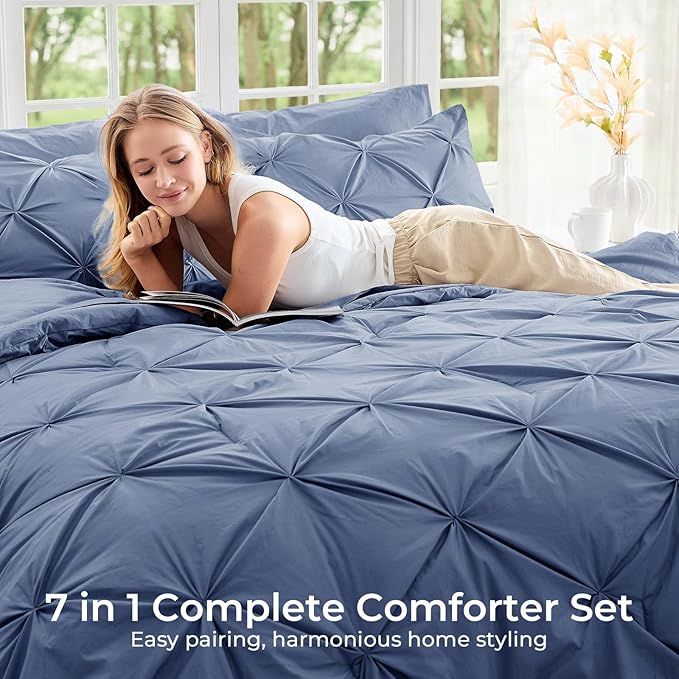 Sasttie California King Comforter Set, 7-Piece Bed in a Bag, Pintuck Bedding Sets for All Season, Includes Comforter, Flat Sheet, Fitted Sheet, Pillowcases and Pillowshams, Slate Blue