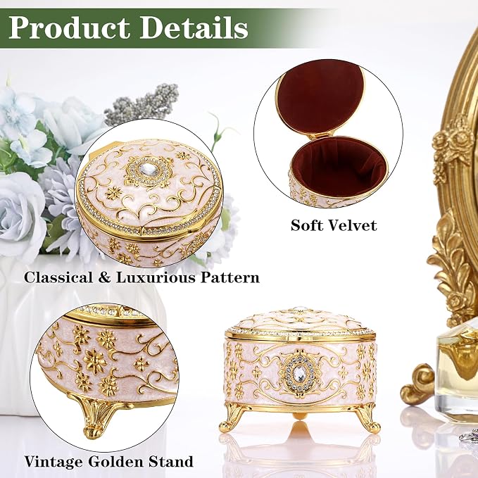 Hipiwe Metal Jewelry Box Small Treasure Chest Box Vintage Round Trinket Organizer Ring Holder Enameled Jewelry Box for Earrings Necklace Holder Gift for Birthday Christmas,Home Decor,Beige - Image 4