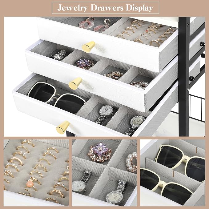 Keebofly Large Jewelry Organizer Stand with 3 Drawers, Floor Display Holder with Necklace, Earring, Bracelet, Ring Storage — Rolling Armoire Tower for Bedroom or Closet (Black) - Image 5