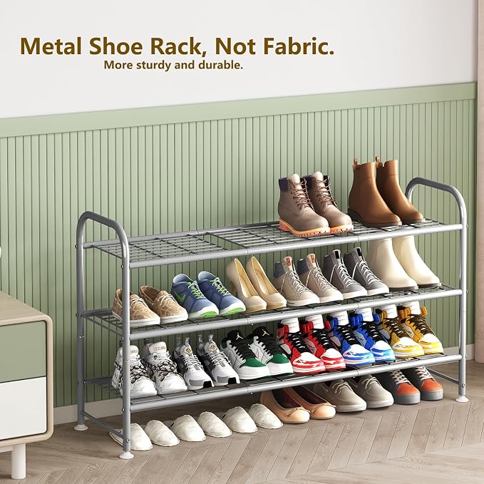 LINZINAR Shoe Rack 3 Tier Long Metal Shoe Organizer for Closet Entryway Grey - Image 5
