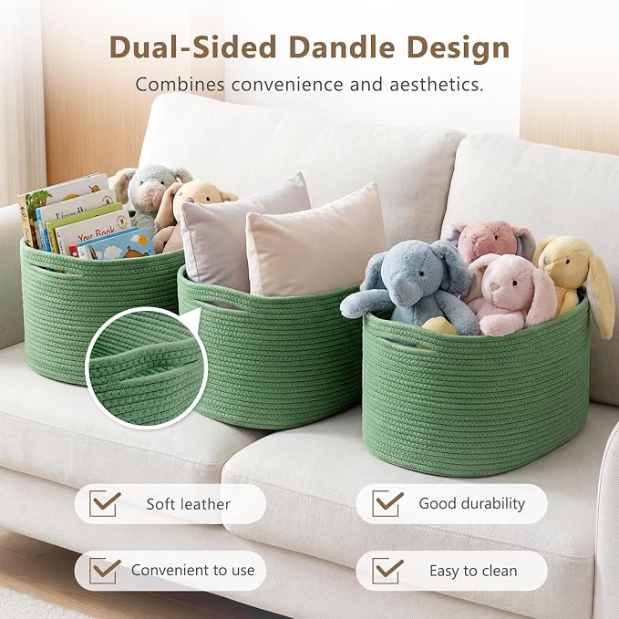 ECDYQXVU Cotton Rope Storage Basket, 15x10x9 Inches, Woven Basket for Shelves, Clothes, Towels, Books, and Laundry, Green (1 Pack) - Image 4