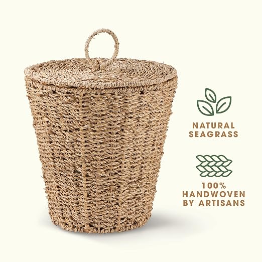 84ECO 3 Gallons Seagrass Waste Basket with Lid and Liner - Wicker Trash Can - Image 7