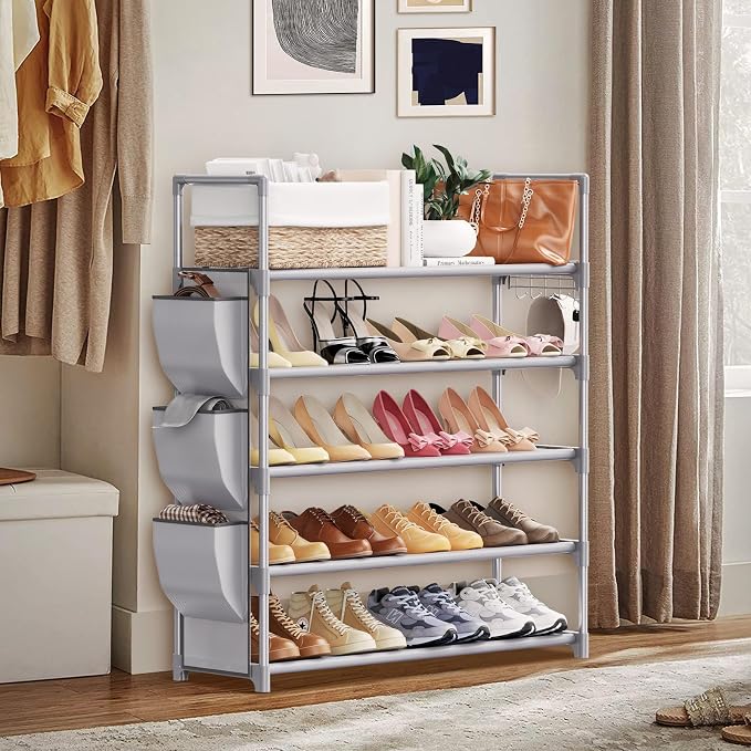VILICK Shoe Rack for Closet Shoe Organizer Space Saver Storage for 20-25 Pair Shoe Shelf with Hook and Side Pocket Free Standing 5 Tier Shoe Rack Organizer for Entryway,Small Spaces, Grey - Image 7