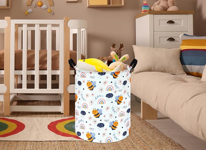 MAIZMZ Rainbow Bee Print Canvas Laundry Basket,Waterproof Storage Bin with Handles 15.7" D×19.7" H Foldable Toy Organizer Decor Gift Basket for Kids' Bedroom & Home Organization - Image 3