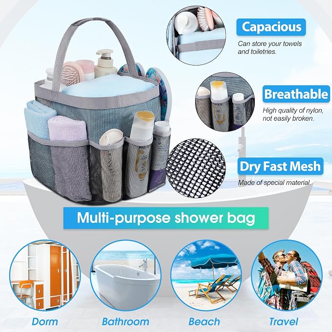 Attmu Mesh Shower Caddy Portable for College Dorm Room Camping Essentials, Shower Caddy Dorm with 9-Pockets, Large Capacity Hanging Basket Bathroom Bag for Toiletry, Swimming, Gym, Camp, Beach - Image 2