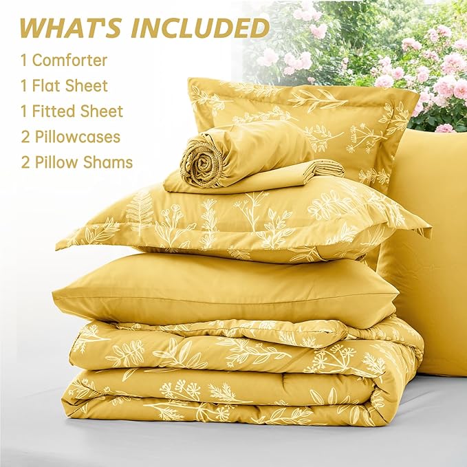 MUXHOMO Bright Yellow Bed in a Bag King 7 Pieces, King Comforter Set Reversible Botanical Flowers Design, Ultra Soft & Breathable Bedding Sets with Comforter, Sheets, Pillowcases & Shams