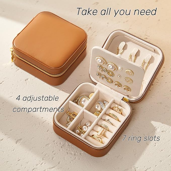 Travel Jewelry Box, PU Leather Small Jewelry Organizer for Women Girls, Portable Mini Travel Case Display Storage Holder Boxes for Stud Earrings, Rings, Necklaces (Brown) - Image 6