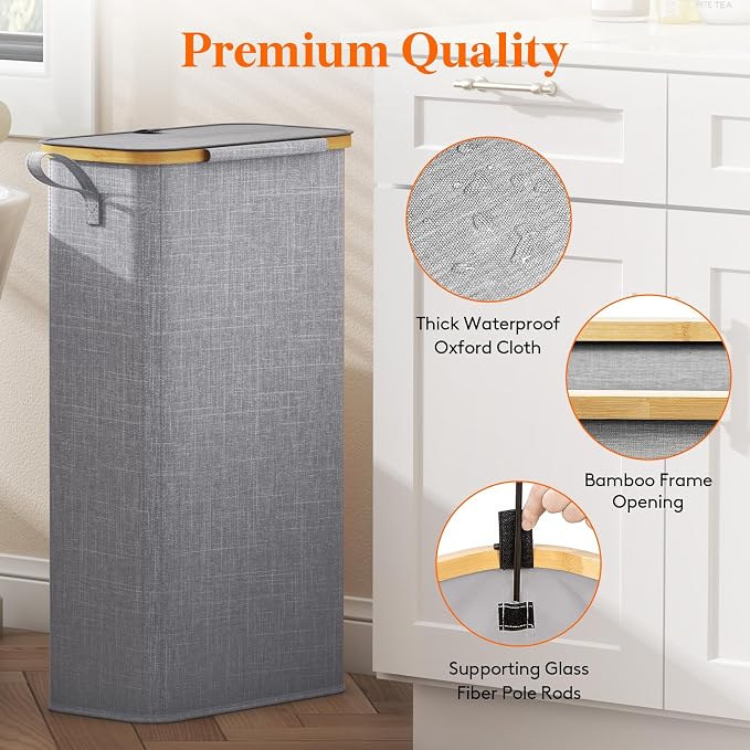 Lifewit 65L Slim Laundry Hamper with Lid, Narrow Laundry Basket with Removable Bag & Bamboo Handles, Fodable Thin Dirty Clothes Hamper for Laundry Collapsible Bin for Bathroom Bedroom Dorm, Gray - Image 7
