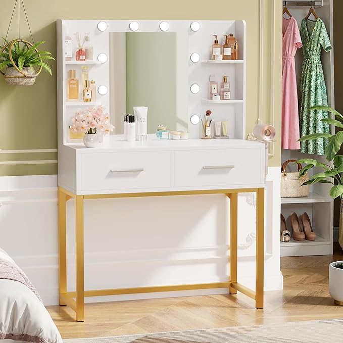 YESHOMY Vanity Desk with Mirror, Makeup Table with 2 Large Drawers, Power Outlet and Round Holder, 3 Color Modes Adjustable Bulb, Pure White & Golden