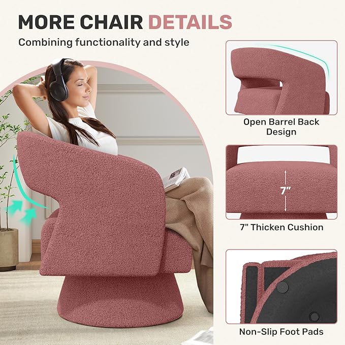 Nebuaegis Swivel Accent Chair Set of 4, Modern Comfy Teddy Barrel Chairs, Oversized Upholstered Round Arm Chair for Living Room, Bedroom, Reading Room, Dark Pink