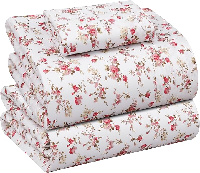 RUVANTI 100% Cotton Sheets – Twin Size Percale Bedding, Cooling & Breathable Floral Design, Durable with a Crisp, Soft & Comfortable Feel, 16" Deep Pocket, 3-Piece Set, Bouquet