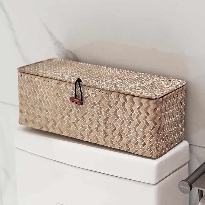 Whitewash Seagrass Tank Basket with Lid Woven Toilet Roll Storage Basket with Sections Rectangular for Organize Snack Toys (Large Compartment 16.5inch L x 5.5inch W x 5.5inch H) - Image 9