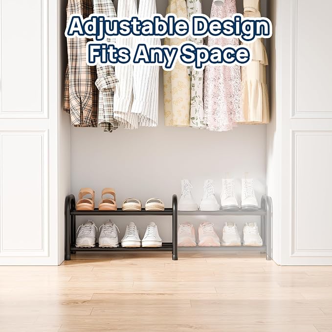 ENJOYBASICS 2 Tier Expandable Shoe Rack for Closet, Free Standing Metal Shoe Shelf Storage Organizer Holder 8 Pairs, Adjustable Width Shoe Rack for Entryway Small Space, Black - Image 4