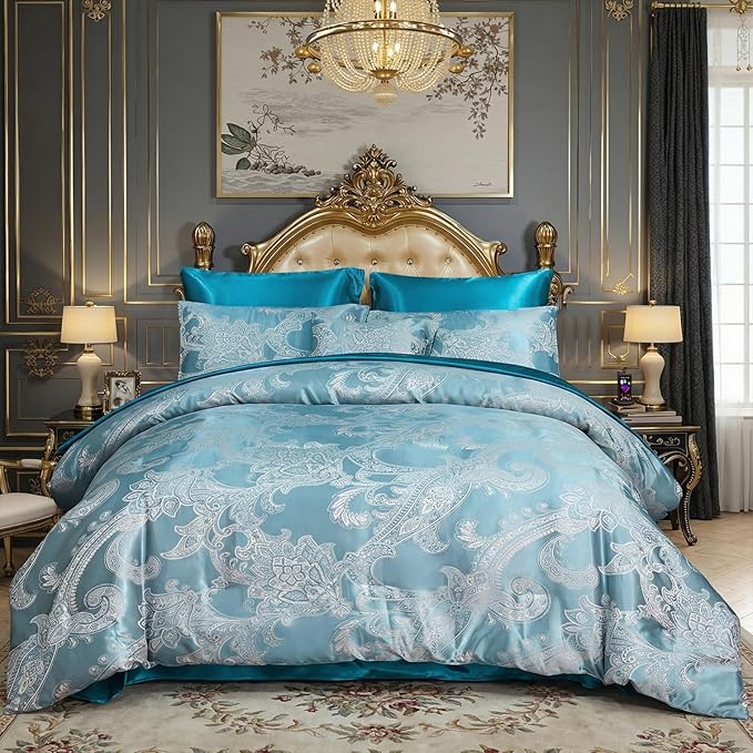 Jacquard Queen Comforter Set Peacock Green Sheet Set Satin Bedding Set 8 Pcs Embroidery Neoclassical Floral Bed Home Decor Soft Down Comforter Luxury Hotel Silky Bed in a Bag with 1 Cushion Cover