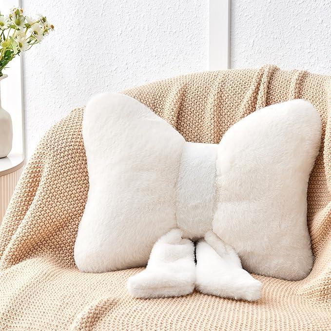 Ivory Bow Pillow,12'' Bow Decorative Pillows with Faux Rabbit Fur,Soft Bow Throw Pillows Aesthetic Bow Shaped Pillow for Bed Sofa Couch Home Decor
