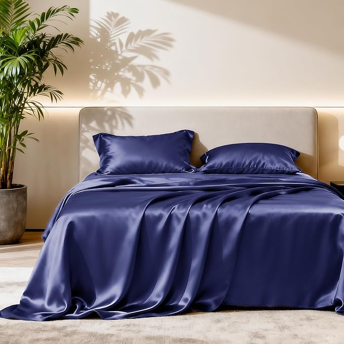 Love's cabin Twin Satin Sheet Sets - 3 Piece Navy Blue Silky Bed Sheets Twin with Deep Pockets, Luxury Silk Feel Satin Sheet Set Bedding Set (1 Flat Sheet,1 Fitted Sheet,1 Pillow case)