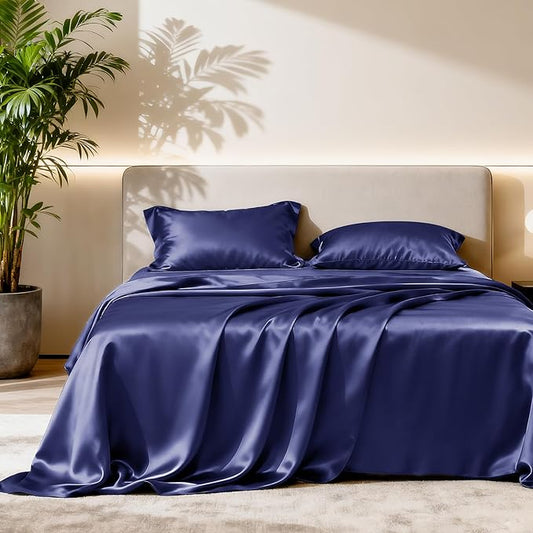 Love's cabin Satin Queen Sheets Set - 4 Piece Navy Blue Silky Bed Sheets with Deep Pocket, Luxury Silk Feel Satin Queen Size Sheet Set (1 Flat Sheet,1 Fitted Sheet,2 Pillow Cases)