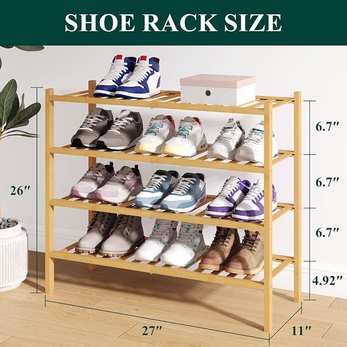 Smiry Bamboo Shoe Rack for Closet, 4 Tier Wooden Stackable Shoe Organizer, Free Standing Shoes Storage Shelf for Entryway, Front Door Entrance, Natural & White - Image 2