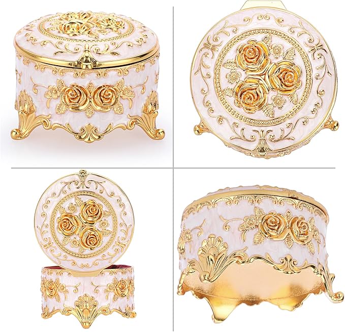 Hipiwe Vintage Round Jewelry Box Small Trinket Storage Organizer Box Gold Metal Chest Ring Case Treasure Box Keepsake Box Earrings Necklace Storage Box Gift for Women, Small - Image 5