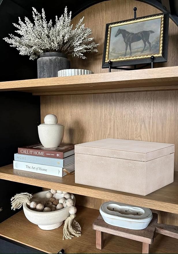 HofferRuffer Faux Leather Decorative Box, Large Wooden Structure Keepsake Box Accessory Organizer Jewelry Organizer with Hinged Lid, Storage Container for Home or Office (LightGrey Shagreen) - Image 6