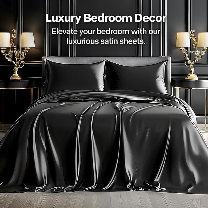 BEDELITE Satin Sheets Twin Size Bed Set, Luxury Soft Black Silky Sheets for Hair and Skin, Similar to Silk Bed Sheets Set 3 Pieces with 1 Deep Pocket Fitted Sheet, 1 Flat Sheet, and 1 Pillowcase