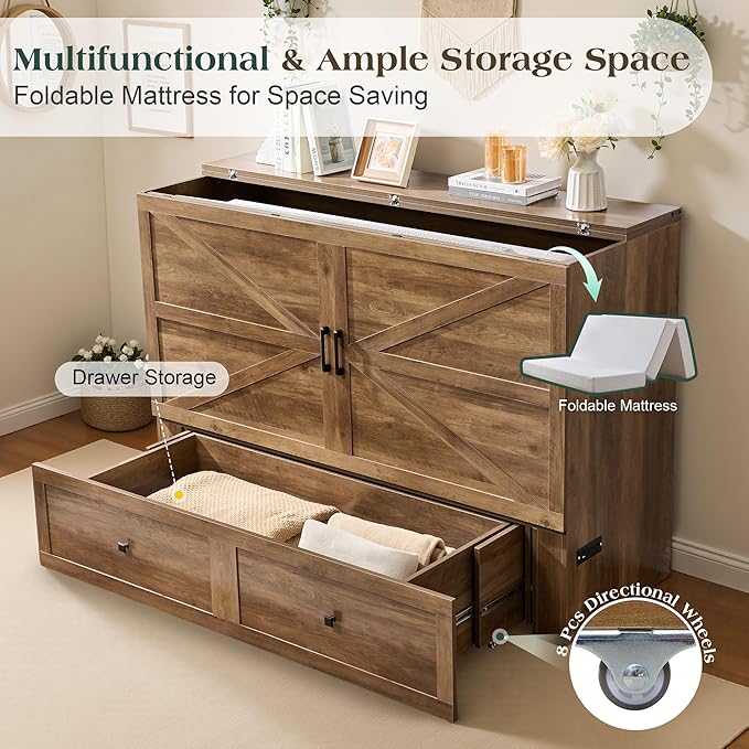 LUXOAK Full Murphy Bed with 6" White Tri-Fold Memory Foam Mattress, Storage Drawer & Charging Station, Space-Saving Design for Home Office or Guest Room, Barnwood