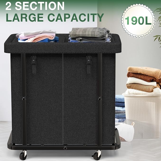50 Gal(190L) High Grade Large Laundry Basket with Wheels, Rolling Laundry Hamper, Laundry Cart with Metal Frame and Removable Bag Design, Suitable for Laundry Room, Bedroom (Black, 2 Section 190L) - Image 2