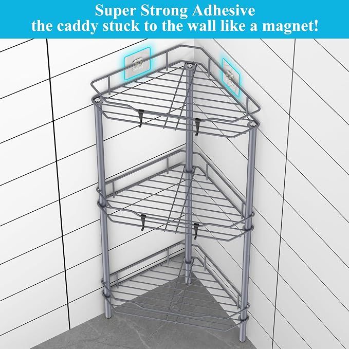 HuggieGems 3 Tier Floor Standing Corner Shower Caddy Organizer Shelf with Hooks, Bathroom Shelves Stand Rack, Dark Gray - Image 2