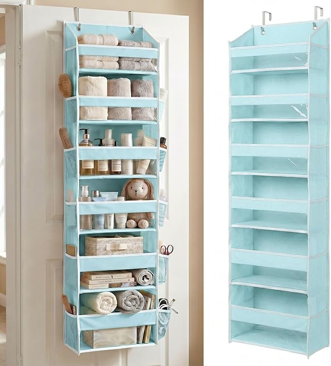 HOMELUX THEORY UPGRADED 6 Tiers Over The Door Organizer Hanging - 100D EXTRA THICK & 50lbs HUGE CAPACITY, 12 Side Mesh Pockets Over The Door Shoe Organizer, Hanging Closet Organizer (Baby Blue, 1pc) by HomeluxTheory