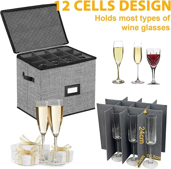 Champagne Flute Storage Box,Quilted Stemware Storage Box Hard Shell,Stackable Champagne Glass Container,Wine Glass, Crystal Glassware, Drinkware Case for Moving Transport(Grey) - Image 4