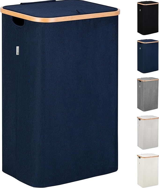 LONBET Laundry Basket with Lid, Made from Breathable Fabric | Aesthetic Clothes Hampers for Laundry with Side Handles & Sturdy Bamboo Frame (26 Gallons - Single, Blue) by Lonbet