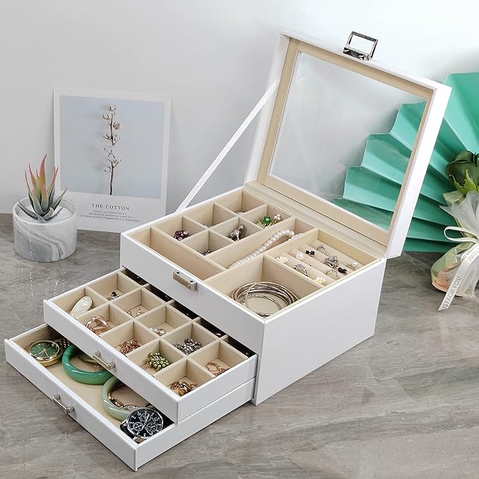 BOOVO Clear Lid Jewelry Box,3 Layers Jewelry Organizer Large Multi-Functional Jewelry Storage Box with 2 Drawers,Jewelry Display Case of Rings Earrings Necklace Bracelets for Women Girls (White) - Image 6
