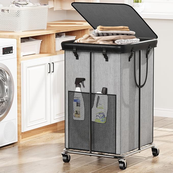 40 Gal Large Laundry Hamper with Lid, Rolling Laundry Basket with Wheels, Oxford Fabric Dirty Clothes Hampers with Removable Laundry Bag & Metal Frame for Bedroom, Laundry Room, Bathroom, Dorm(Grey) by Unknown