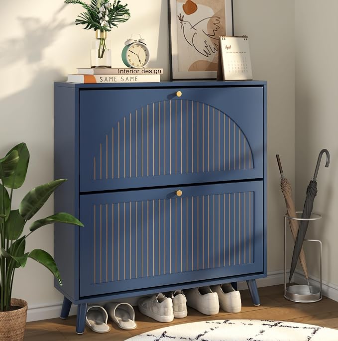 Fsbecl Shoe Storage Cabinet for Entryway with 2 Flip Drawers, Narrow Wood Shoe Cabinet with Fluted Panel, Freestanding Hidden Shoe Organizer for Foyer, Hallway (Blue - with Shelf) by Fsbecl