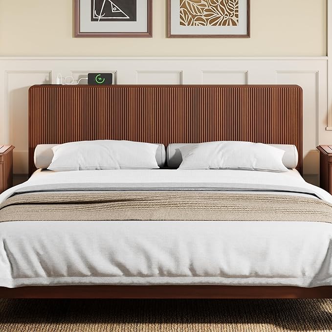AVZEAR Fluted Headboard Queen Size, Modern Wood Queen Headboard Only, Mid Wall Mounted Headboard with 2 Outlets and USB & Type C Port, Century Curved Wooden Bed Headboards Bedroom Decor, Walnut
