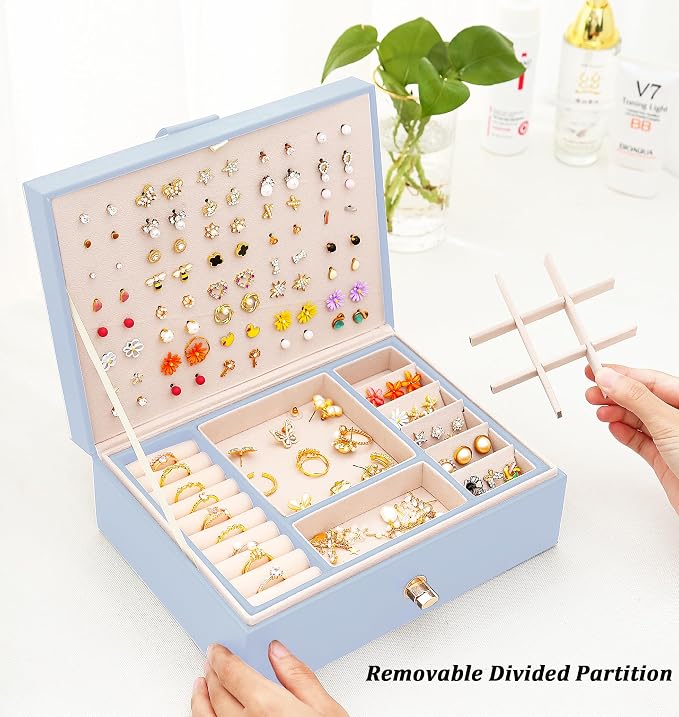 QBestry Girls Jewelry Box Earring Holder Organizer for Girls Jewelry Organizer Box Stud Earrings Organizer for Girls Womens Blue Jewelry Box for Earrings and Necklaces Rings Stud Earrings Box for Teen - Image 5