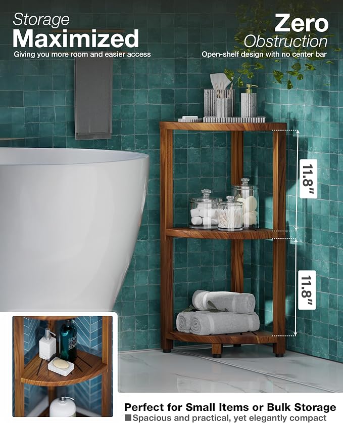 BLUEWEST 3-Tier Corner Shower Caddy Stand, Wood Shower Organizer Standing with Anti-Slip Feet, Waterproof & Durable Bathroom Corner Shelf, Space-Saving Design Storage for Kitchen or Living Room - Image 4