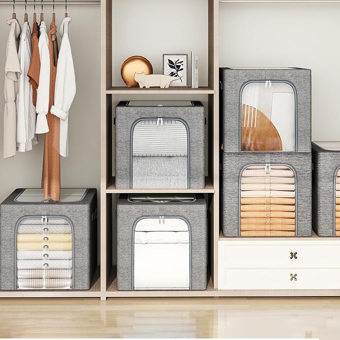 GoMaihe Clothes Storage Bin with Metal Frame: 4-Pack Stackable Closet Storage Bin with Lid & Clear Window, Sweater Boxes Storage for Closet Clothing Bedding Storage Organizer 40L - Image 6