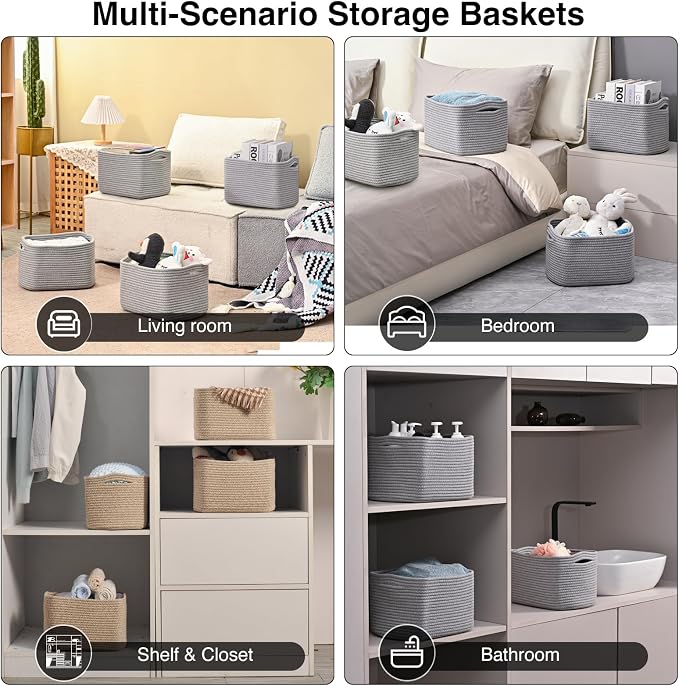 ICERZCZ Small Storage Baskets for Shelves Organizing, Woven Cotton Rope Baskets for Storage, Book Basket, Decorative Shelf Basket, 12.5"Lx9.1''Wx7.9''H (4 Packs) Grey - Image 5
