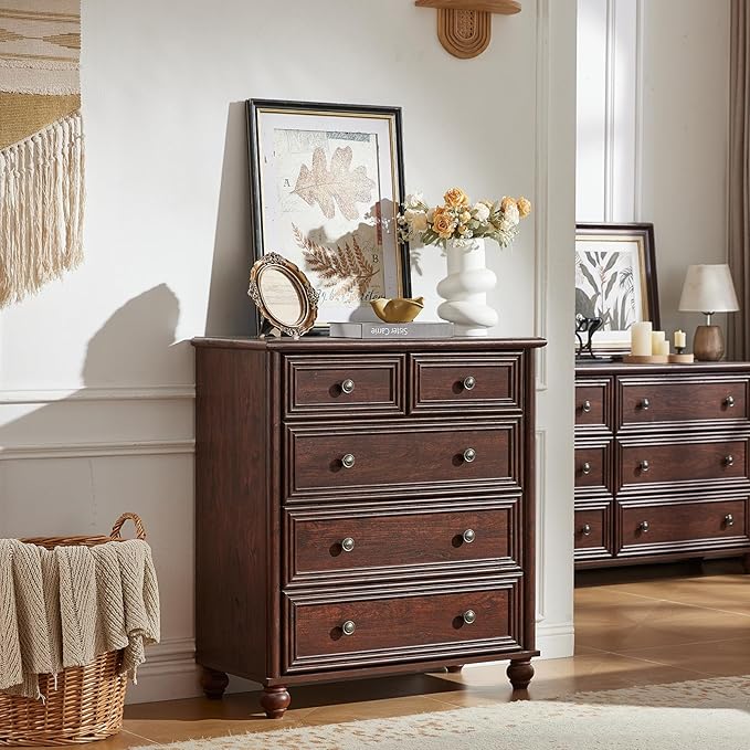 RWYHG Farmhouse 5 Drawer Dresser Set of 2 for Bedroom, 35.5" Walnut Tall Small Dressers & Chest of Drawers, Rustic Wood Dresser with Roman Column, Storage Organizer for Living Room, Hallway, Closet