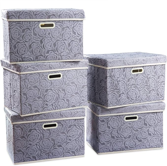 PRANDOM Large Storage Boxes with Lids [5-Pack] Fabric Decorative Storage Bins Cubes Organizer Containers Baskets with Handles for Closet Grey 17.5x11.8x11.8 In For 6+ Year Old Boys and Girls by Prandom