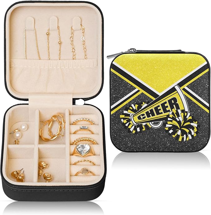 Cheerleader Travel Jewelry Case, Cheer Travel Jewelry Box for Women, Mini Jewelry Travel Case for Cheer Team, Cheerleader Gifts for Girls (Gold) by Corxiren