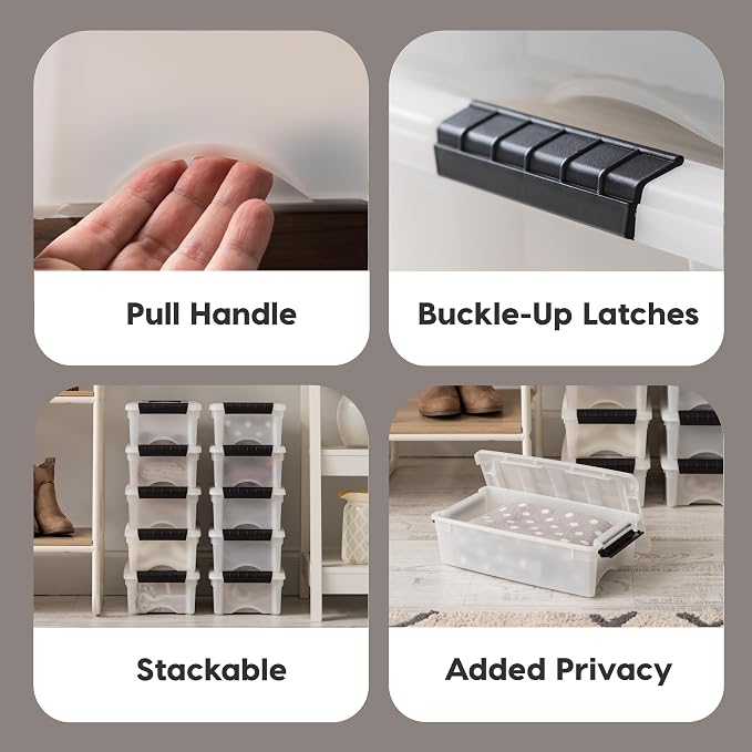 IRIS USA 6 Qt Stackable Plastic Storage Bins with Lids, 10 Pack - BPA-Free, Made in USA - Discreet Organizing Solution, Latches, Durable Nestable Containers, Secure Pull Handle - Pearl - Image 3