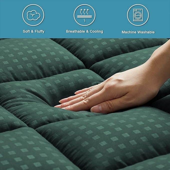 HYLEORY California King Mattress Pad Quilted Fitted Mattress Protector Cooling Pillow Top Mattress Cover Breathable Fluffy Soft Mattress Topper with 8-21" Deep Pocket, Green