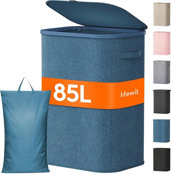 Lifewit 85L Large Laundry Basket with Lid, Laundry Hamper with Plastic Handles and Removable Bag, Foldable Tall Dirty Clothes Hampers for Laundry for Laundry Room, Bedroom, Bathroom, Dorm, Dark Blue by Lifewit