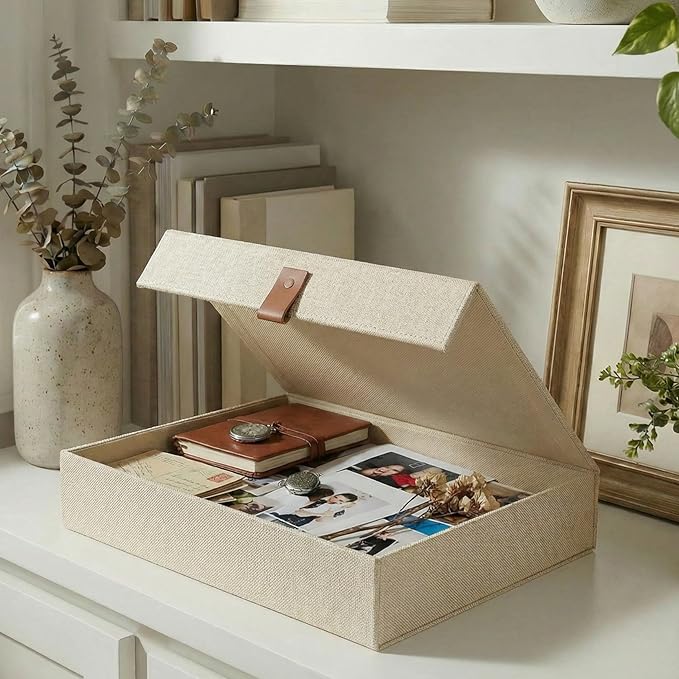 ZICOTO Decorative Photo Storage Box with Lid - A Beautiful Linen Organizer Perfect to Safely Store Your Pictures, Documents, Scrapbooking Supplies, Keepsakes and Other Memories in Style by ZICOTO